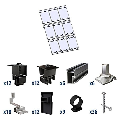 Solavento Befestigungs-Set Typ 1 (Passend für: 9 Solarmodule (3x3), Witterungsbeständig, Geeignet für: Schrägdach)
