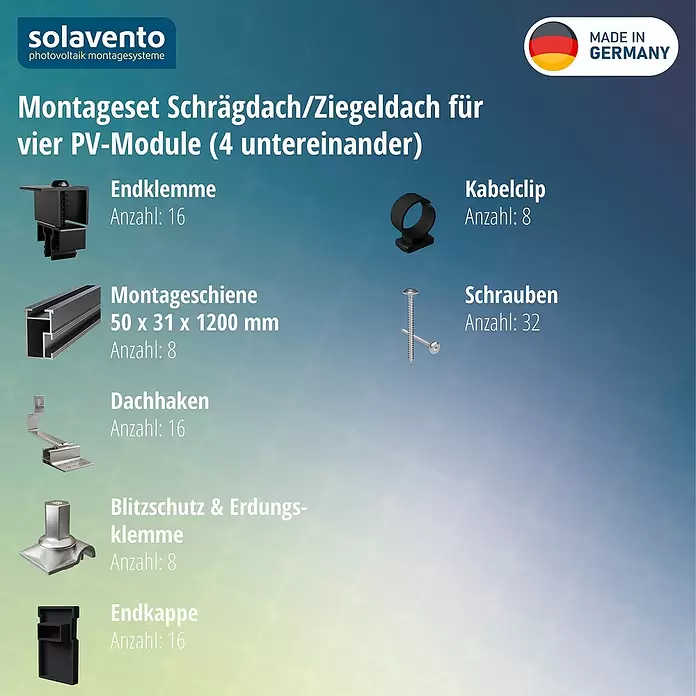 Solavento Befestigungs-Set Typ 1 - Passend für: 4 Solarmodule (1x4), Witterungsbeständig, Geeignet für: Schrägdach - Montageset für Solarmodule auf Schräg-/Ziegeldächern, mit Klemmen, Schienen, Haken und Schrauben für vier vertikale PV-Module.