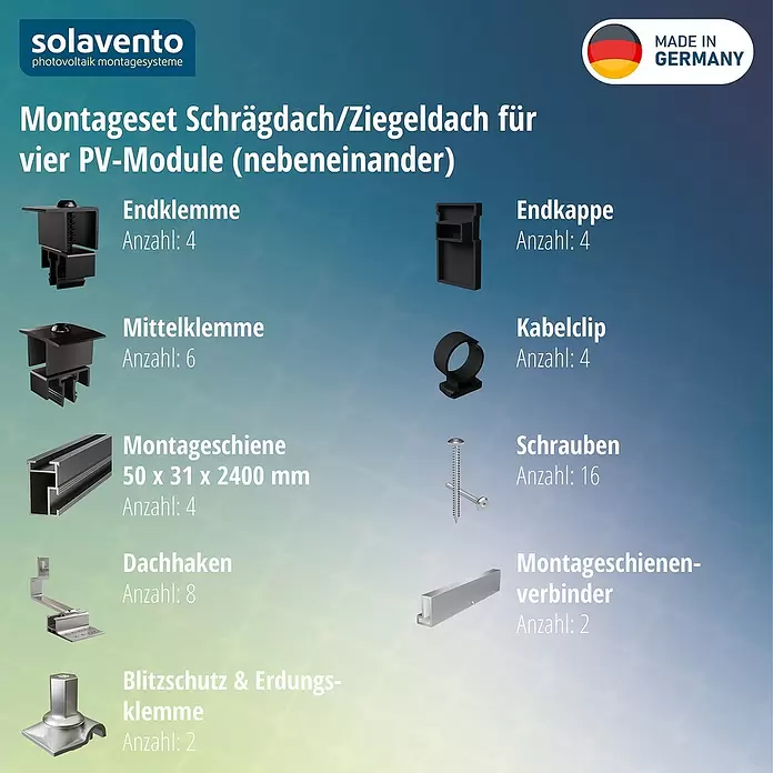 Solavento Befestigungs-Set Typ 1 - Passend für: 4 Solarmodule (4x1), Witterungsbeständig, Geeignet für: Schrägdach - Photovoltaik-Montageset für vier PV-Module auf Schrägdach, inklusive dunkler Klemmen, Montageschienen und diversen Befestigungselementen.