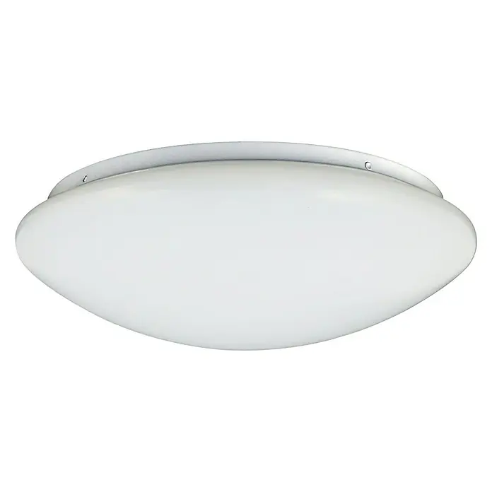 Tween Light LED-Sensor-Deckenleuchte rund Eco - 24 W, Ø x H: 35 x 10,5 cm, Opal/Weiß, Warmweiß - Nahaufnahme einer runden, flachen Deckenleuchte mit weißem Glasschirm und silberner Fassung, die ein helles und gleichmäßiges Licht spendet.