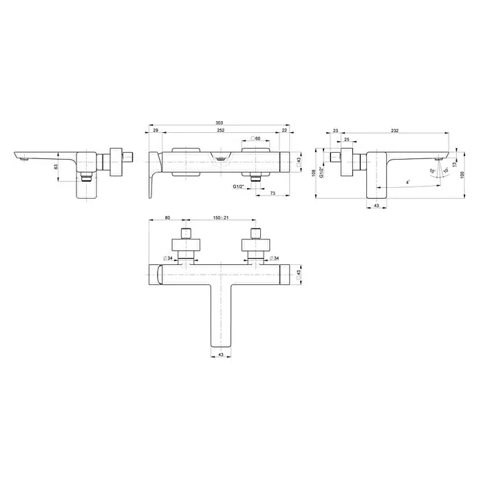 Villeroy & Boch Badewannenarmatur Subway 3.0 - Chrom, Glänzend - Technisches Zeichnung einer wandmontierten Zweigriff-Mischbatterie mit Vorder-, Seiten- und Draufsicht und detaillierten Maßen.