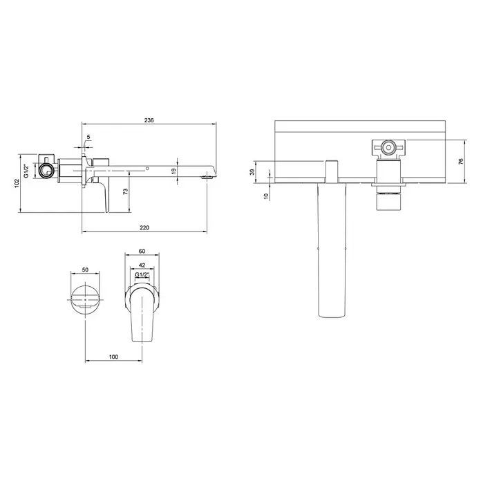 Villeroy & Boch Waschtischarmatur Liberty - Chrom, Glänzend - Technische Zeichnung einer Unterputz-Einhebel-Badarmatur mit Maßen und G1/2"-Anschlüssen.