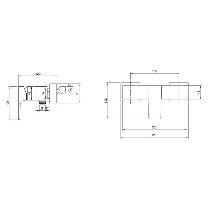 Villeroy & Boch Brausearmatur Architectura Square - Chrom, Glänzend - Technische Zeichnung einer Wandarmatur mit Maßen und G1/2"-Anschlüssen.