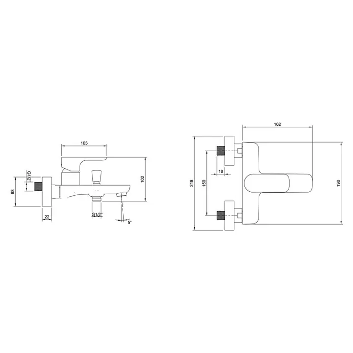 Badewannenarmatur ONOVO - Chrom, Glänzend - Technisches Diagramm eines Mischhahns mit Seiten- und Draufsicht, verschiedenen Maßen und G1/2"-Anschlüssen.