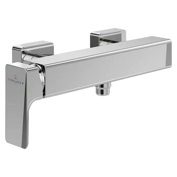 Villeroy & Boch Brausearmatur Subway 3.0 - Chrom, Glänzend - Verchromter Wand-Duschmischer mit rechteckigem Gehäuse und Einhebelgriff. Villeroy & Boch Logo sichtbar.