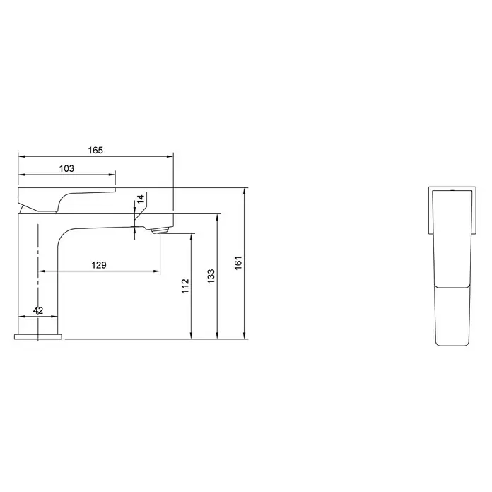 Villeroy & Boch Waschtischarmatur Architectura Square - Chrom - Technische Zeichnung eines modernen Wasserhahns mit detaillierten Maßen.