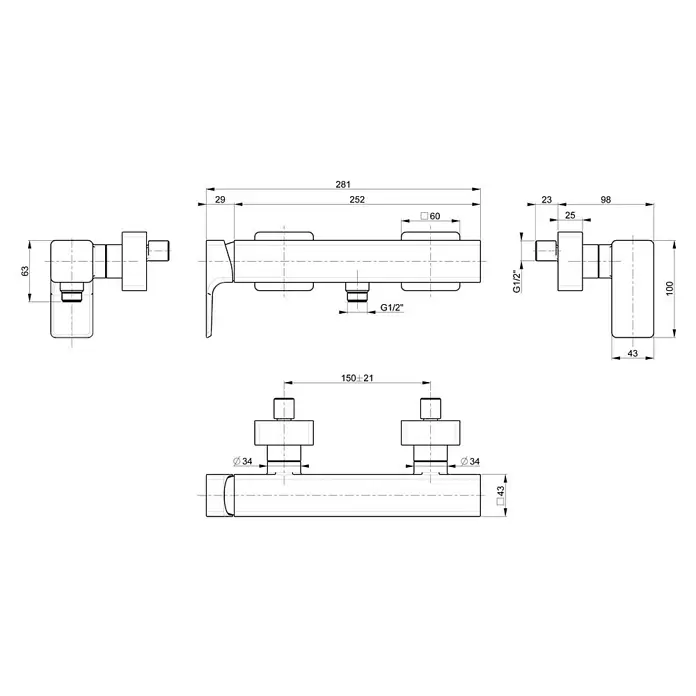 Villeroy & Boch Brausearmatur Subway 3.0 - Schwarz, Matt - Technisches Diagramm einer wandmontierten Zweigriff-Armatur mit Maßen, das Vorder-, Ober- und Seitenansicht zeigt.