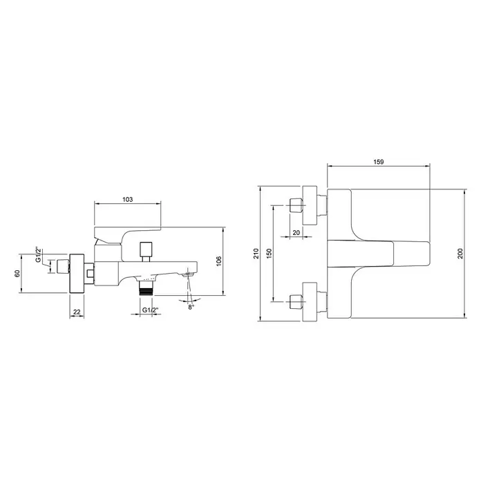 Villeroy & Boch Badewannenarmatur Architectura Square - Chrom, Glänzend - Technische Zeichnung eines Mischhahns mit Maßen und G1/2"-Anschlüssen.