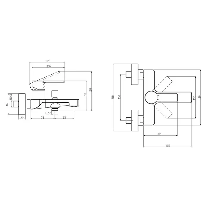 Villeroy & Boch Badewannenarmatur Architectura - Chrom, Glänzend - Technische Zeichnung eines Wandmischers mit Maßen, Seiten- und Draufsicht.