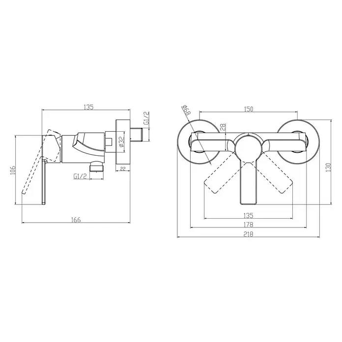 Villeroy & Boch Brausearmatur Architectura - Chrom, Glänzend - Technische Zeichnung einer Einhebel-Mischbatterie, mit Vorder- und Draufsicht, Maßen und G1/2-Anschlüssen.