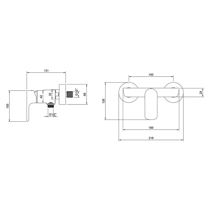 Villeroy & Boch Brausearmatur Onovo - Chrom, Glänzend - Technische Zeichnung einer Wand-Duscharmatur mit verschiedenen Maßen und G1/2"-Anschlüssen.