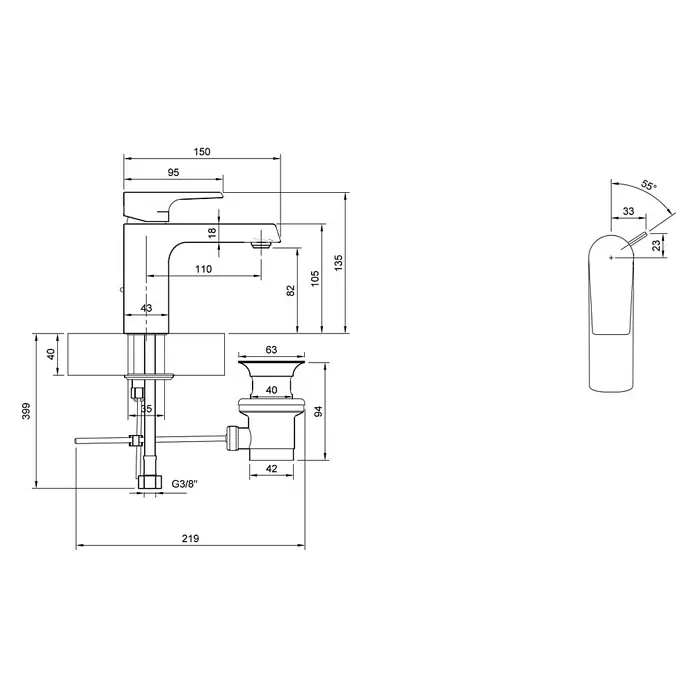 Villeroy & Boch Waschtischarmatur Liberty m.Z. - Chrom, Glänzend - Technische Zeichnung eines Badarmatur mit Zugstangenablaufgarnitur, mit detaillierten Maßen und G3/8" Anschluss.