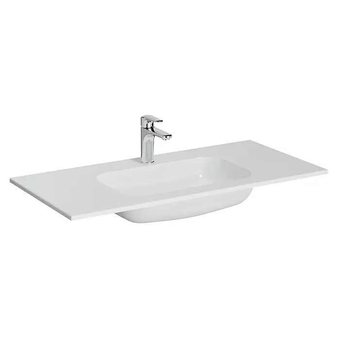 Camargue Aurinia Einbauwaschbecken - 102 x 49 cm, Weiß - Bild einer modernen Waschtischarmatur mit rechteckigem Waschbecken in Weiß, das ein elegantes Baddesign widerspiegelt.