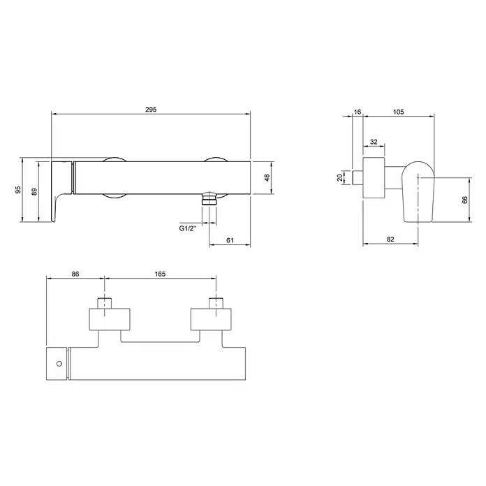 Villeroy & Boch Duscharmatur LIBERTY - Chrom - Technisches Zeichnung einer wandmontierten Bad- oder Duscharmatur mit G1/2"-Anschlüssen.