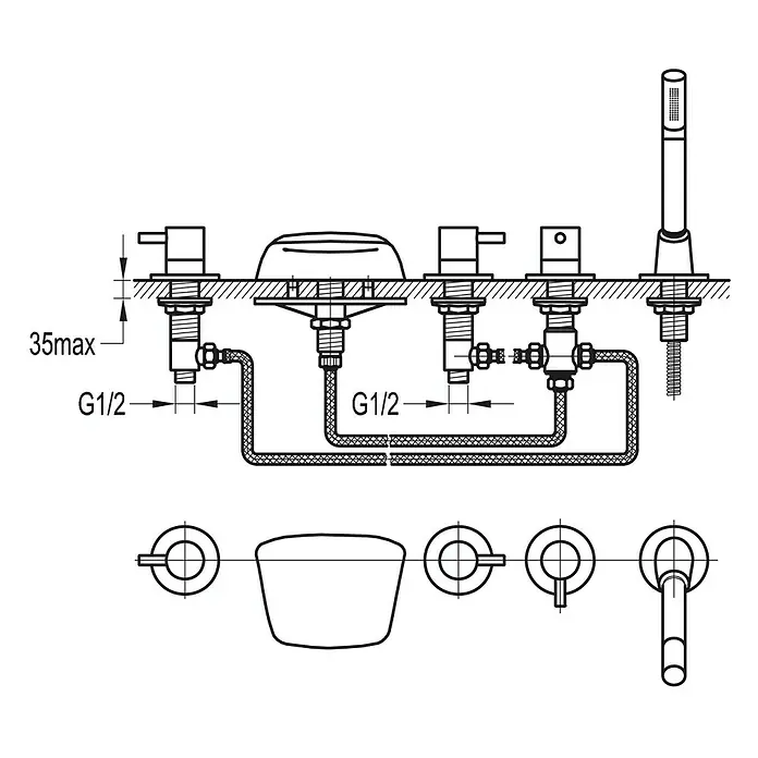 Ottofond Wasserschwallarmatur L 10000 - Chrom - Schema der Armatur mit seitlicher Brause.