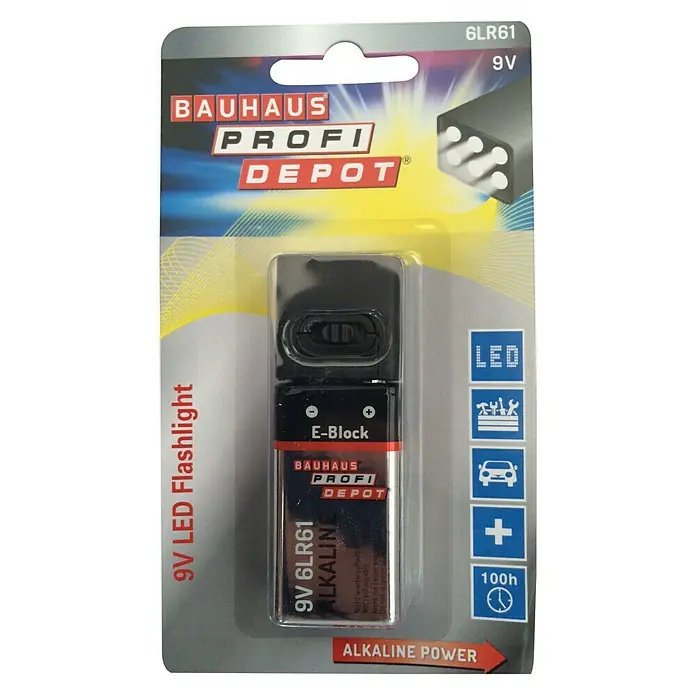 Profi Depot Linterna - Blanco neutro - Imagen de una linterna LED de 9V de Bauhaus Profi Depot, empaquetada con una pila alcalina de 9V, ideal para el uso diario.