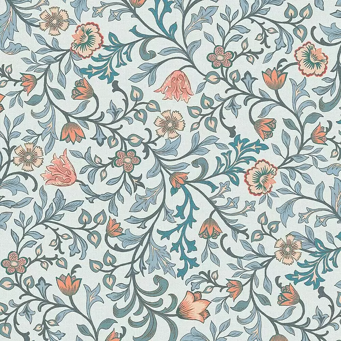 Marburg Heritage Vliestapete Blumenallover - Blau, Floral, 10,05 x 0,53 m - Nahtloses Blumenmuster mit pfirsichfarbenen, blauen und aquafarbenen Blüten und Blättern.