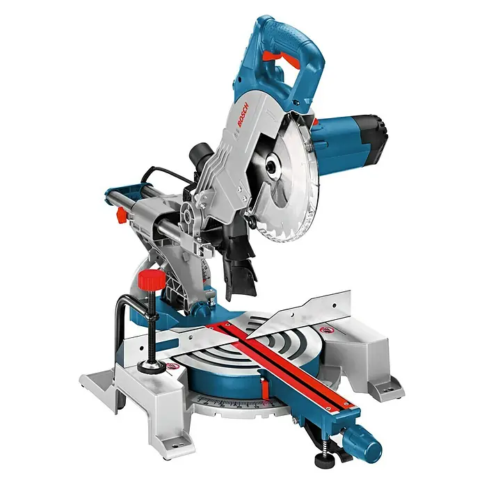 Bosch Sierra ingletadora telescópica GCM 800 SJ - 1.400 W, Diámetro hoja de sierra: 216 mm - Imagen de una sierra ingletadora Bosch, utilizada para cortes de madera precisos en talleres y obras.