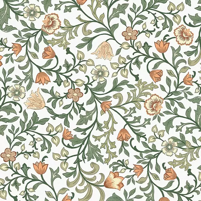 Marburg Heritage Vliestapete Blumenallover - Weiß/Grün, Floral, 10,05 x 0,53 m - Komplexes Blumenmuster mit grünen Ranken, Blättern und Blüten in Orange-, Pfirsich- und Cremetönen.