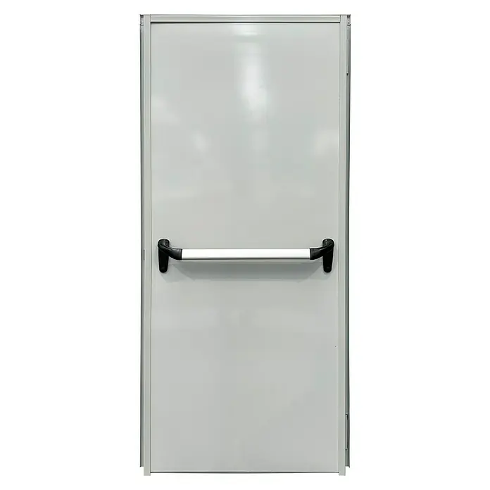 Novoferm Puerta cortafuegos EI 260 C5 y barra antipánico - 88,5 x 203,5 cm, Izquierda, Blanco - Una puerta gris con una manija horizontal plateada en el medio, ideal para edificios comerciales y salidas de emergencia.