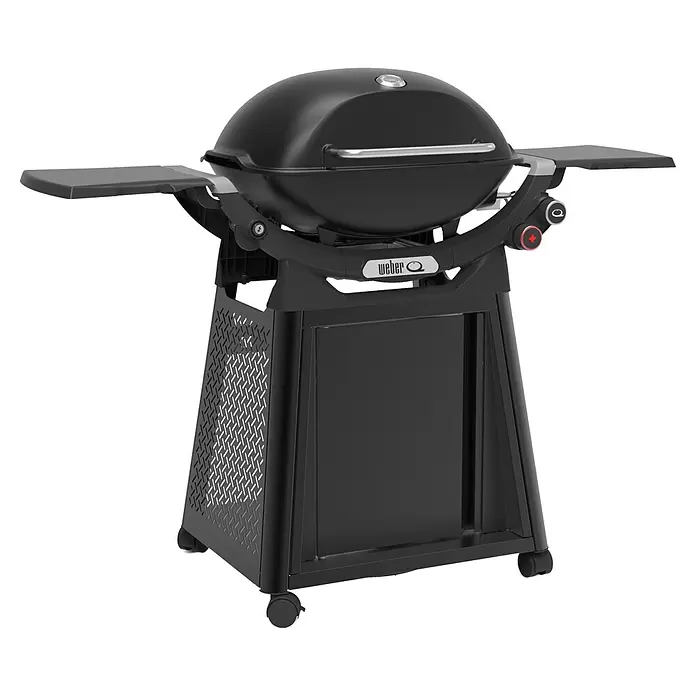 Weber Gasgrill Q 3200 N+ mit Rollwagen - Grillfläche (B x T): 63 x 48 cm, 6,36 kW, Anzahl Brenner: 2 Stk. - Schwarzer Weber Q-Serie Grill auf einem Ständer mit Seitenablagen und Rollen.