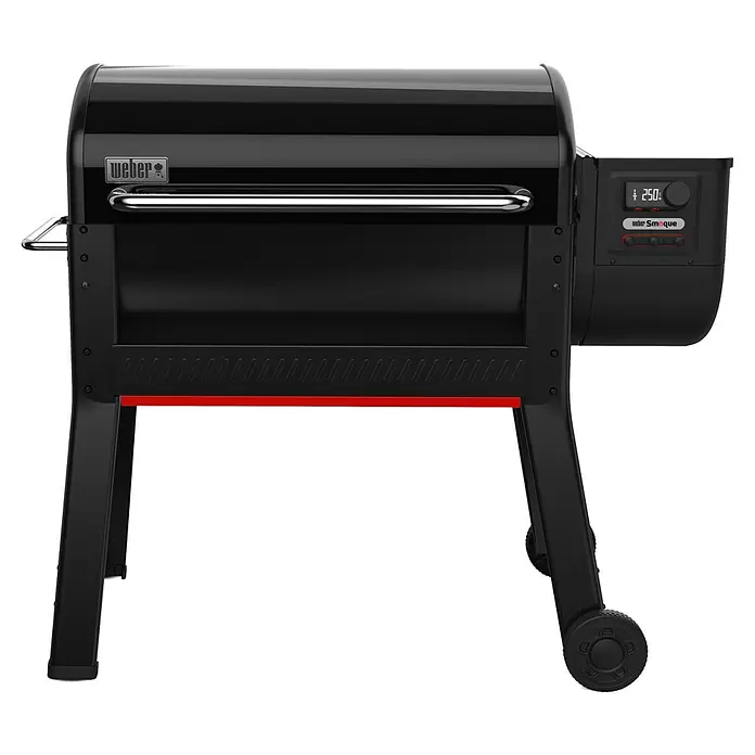 Weber Smoker Smoque - Grillfläche (B x T): 86 x 44,5 cm, Schwarz - Schwarzer Weber Pelletgrill und Smoker mit Digitalanzeige, silbernem Griff und roter Leiste, mit Rollen.