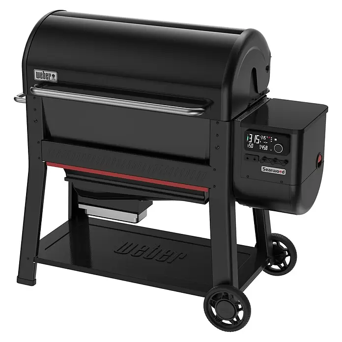 Weber Pelletgrill Searwood - Grillfläche (B x T): 91 x 44,5 cm, Schwarz - Schwarzer Weber Searwood Pelletgrill mit Digitalanzeige, Edelstahlgriff und Rädern.