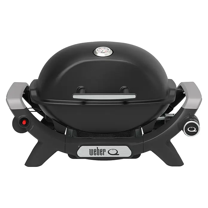 Weber Gasgrill Q 1100 N - Grillfläche (B x T): 45 x 36 cm, 2,94 kW, Anzahl Brenner: 1 Stk. - Nahaufnahme eines tragbaren Weber Q-Gasgrills in Schwarz mit Temperaturanzeige und silbernen Akzenten.