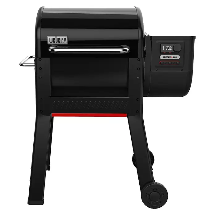 Weber Smoker Smoque - Grillfläche (B x T): 56 x 44,5 cm, Schwarz - Schwarzer Weber Pelletgrill mit silbernen Griffen, Digitalanzeige (250), 'Weber Smoque'-Schriftzug und rotem Akzentstreifen.