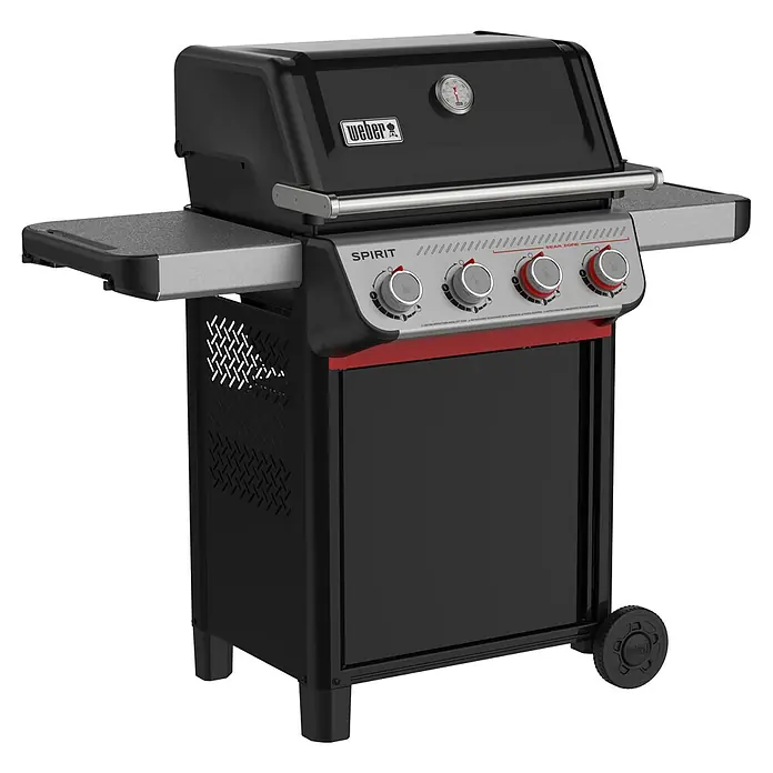 Weber Gasgrill Spirit E-425 GBS - Grillfläche (B x T): 62 x 44 cm, 10,3 kW, Anzahl Brenner: 4 Stk. - Schwarzer Weber Spirit Gasgrill mit vier Brennern, Temperaturanzeige und Seitenablagen für Grillutensilien.