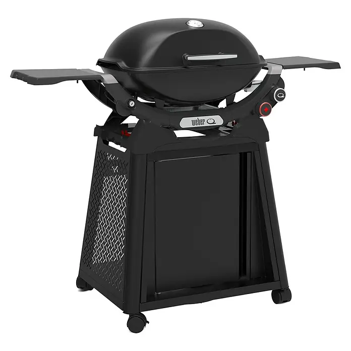 Weber Gasgrill Q 2800 N+ mit Rollwagen - Grillfläche (B x T): 56 x 41 cm, 5,25 kW, Anzahl Brenner: 2 Stk. - Ein schwarzer Weber Q Standgrill mit zwei Ablagetischen. Der Grill hat ein Thermometer am Deckel und ein schwarzes Gehäuse.