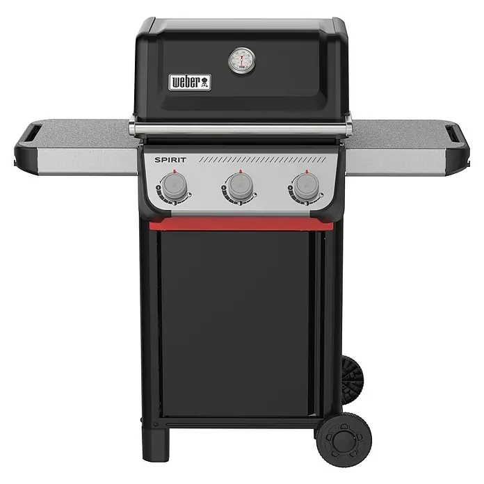 Weber Gasgrill Spirit E-310 - Grillfläche (B x T): 52 x 44 cm, 7 kW, Anzahl Brenner: 3 Stk. - Abbildung eines Weber Spirit Gasgrills mit drei Brennern, Temperaturanzeige und Seitentischen für den Außenbereich.