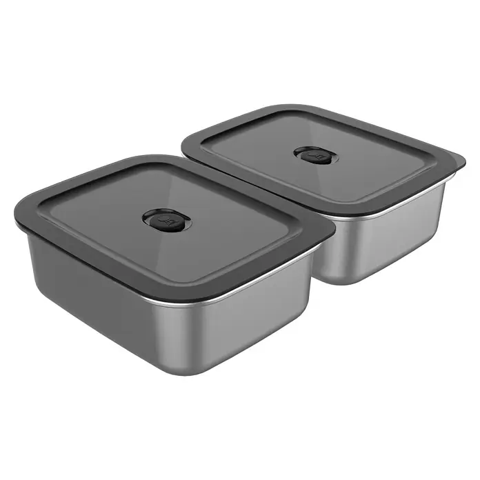 Weber Works Aufbewahrungsbox - L x B x H: 21 x 16,5 x 7,4 cm, Metall - Zwei moderne Frischhaltedosen aus Edelstahl mit grauen Deckeln und dezentem Logo für die Aufbewahrung von Lebensmitteln.