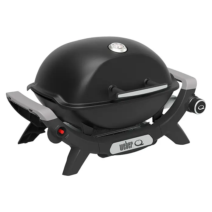 Weber Gasgrill Q 1100 N - Grillfläche (B x T): 45 x 36 cm, 2,94 kW, Anzahl Brenner: 1 Stk. - Das Bild zeigt einen tragbaren schwarzen Weber Q Gasgrill, ideal für Grillen unterwegs oder auf kleinem Raum, mit praktischem Deckelthermometer.