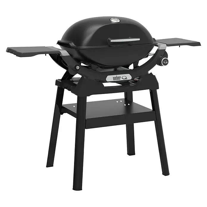 Weber Gasgrill Q 2200 N - Grillfläche (B x T): 56 x 41 cm, 4,11 kW, Anzahl Brenner: 1 Stk. - Abbildung eines Weber Q 1000 Gasgrills auf einem schwarzen Gestell mit Ablageflächen. Der Grill ist kompakt und tragbar.