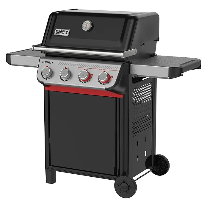 Weber Gasgrill Spirit E-425 GBS - Grillfläche (B x T): 62 x 44 cm, 10,3 kW, Anzahl Brenner: 4 Stk. - Das Bild zeigt einen schwarzen Weber Spirit Gasgrill mit vier Brennern, roten Akzenten und Ablageflächen an den Seiten.