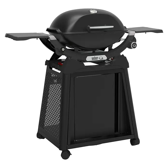 Weber Gasgrill Q 2200 N mit Rollwagen - Grillfläche (B x T): 56 x 41 cm, 4,11 kW, Anzahl Brenner: 1 Stk., Fahrbar - Schwarzer Weber Q 2400 Gasgrill mit zwei Seitentischen und einem Unterschrank auf Rollen.