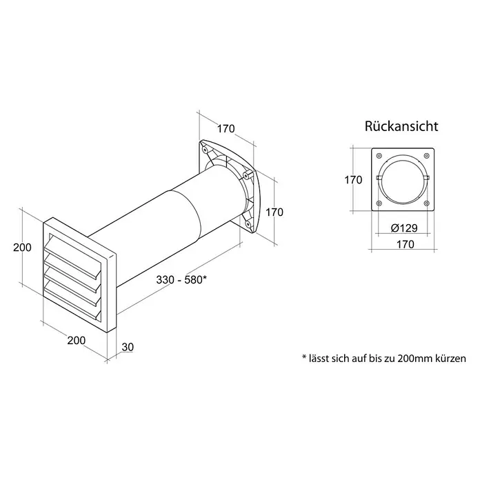 Air-Circle Aeroboy Energiespar-Mauerkasten - Durchmesser: 125 mm, Max. Luftleistung: 600 m³/h, Edelstahl - Technische Zeichnung einer Mauerdurchführung mit den Maßen 200x200x30mm, Rohrlänge 330-580mm, Ø129mm, quadratischer Flansch 170x170mm.
