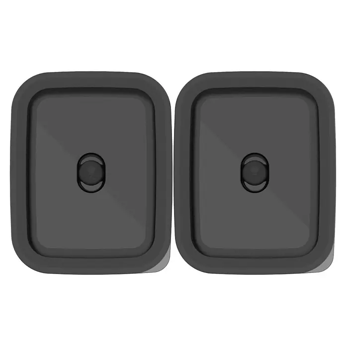 Weber Works Aufbewahrungsbox - L x B x H: 21 x 16,5 x 7,4 cm, Metall - Zwei graue quadratische Smart Home-Geräte, die nebeneinander platziert sind, mit abgerundeten Kanten und einem Knopf in der Mitte.