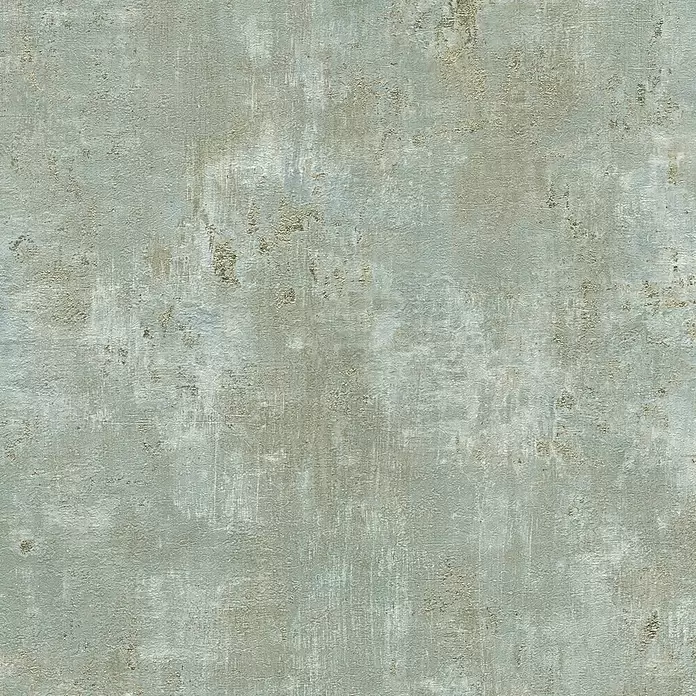 A.S. Création Stories of Life Vliestapete Patina - Salbeigrün-Blau-Gold, Betonoptik, 10,05 x 0,53 m - Abgenutzte blau-graue Textur mit Goldakzenten, die eine gealterte Wandoberfläche darstellt.