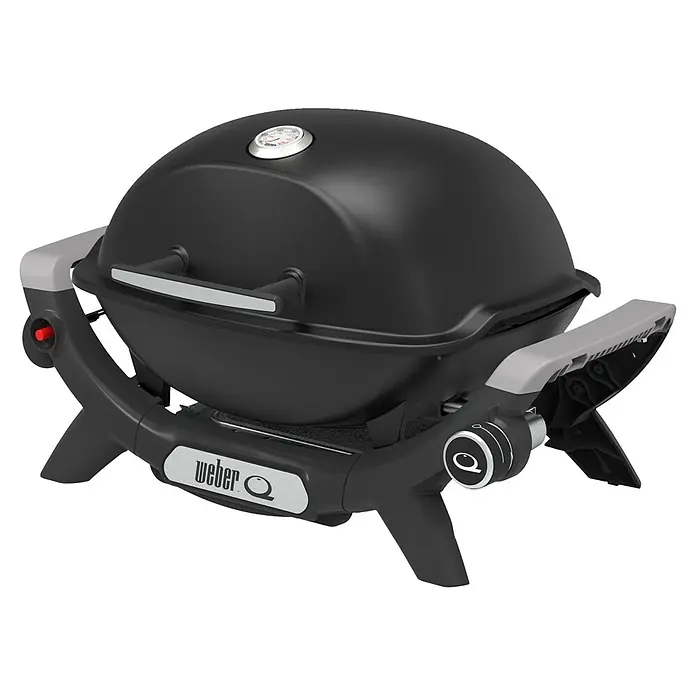 Weber Gasgrill Q 1100 N - Grillfläche (B x T): 45 x 36 cm, 2,94 kW, Anzahl Brenner: 1 Stk. - Abbildung eines Weber Q Gasgrills in Schwarz mit silbernen Akzenten, ideal für den mobilen Einsatz und Grillen im Freien.