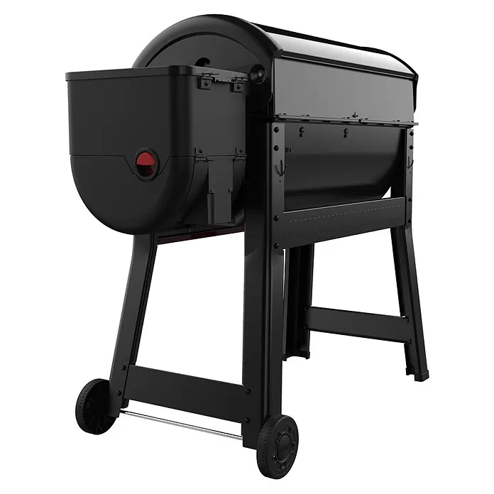 Weber Smoker Smoque - Grillfläche (B x T): 86 x 44,5 cm, Schwarz - Schwarzer Pelletgrill mit seitlichem Vorratsbehälter, stabilen Beinen und Rädern für den Transport.