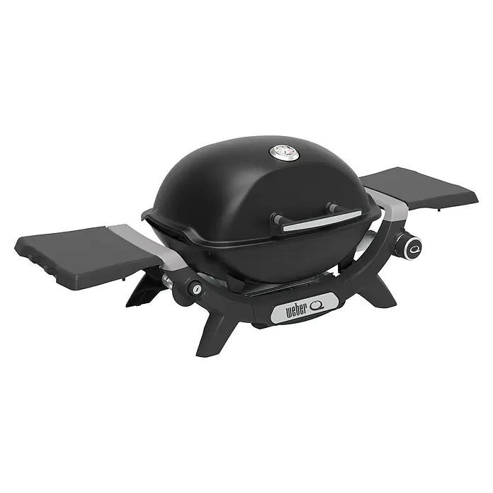 Weber Gasgrill Q 1200 N - Grillfläche (B x T): 45 x 36 cm, 2,94 kW, Anzahl Brenner: 1 Stk., Tischgrill - Ein schwarzer Weber Q Gasgrill mit ausklappbaren Seitentischen, ideal für unterwegs oder den kleinen Balkon. Der Grill ist kompakt und leicht zu transportieren.