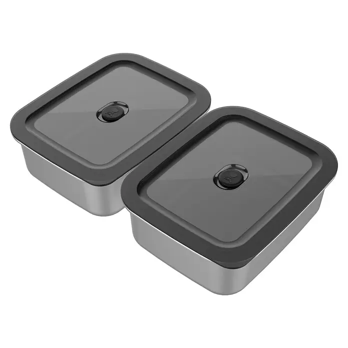 Weber Works Aufbewahrungsbox - L x B x H: 21 x 16,5 x 7,4 cm, Metall - Zwei Edelstahl-Vorratsdosen mit grauem Deckel, ideal für die Aufbewahrung von Lebensmitteln im Kühlschrank oder Gefrierschrank.