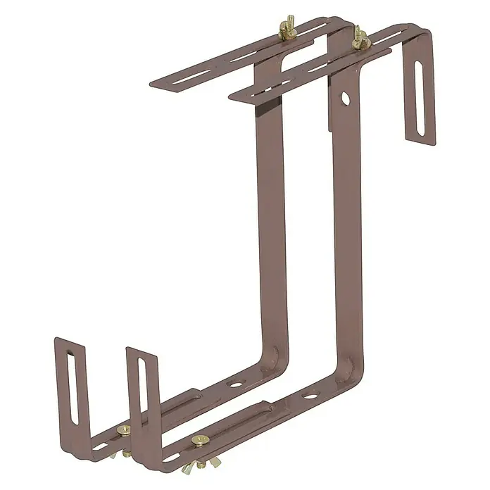 Geli Balkonkastenhalter Typ D - Taupe, 2-fach verstellbar, 2 Stk. - Produktbild von zwei braunen, verstellbaren Halterungen mit Schrauben für die Wandmontage.