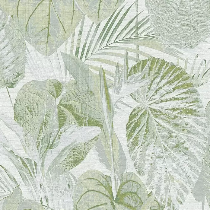 A.S. Création Famous Garden Vliestapete Dschungel - Grün-Weiß-Grau, Floral, 10,05 x 0,53 m - Grün-weißes tropisches Blättermuster mit feiner Stofftextur, ideal für Tapeten oder Textilien.