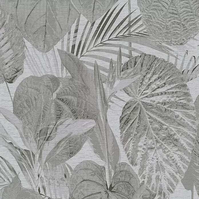A.S. Création Famous Garden Vliestapete Dschungel - Grau-Anthrazit, Floral, 10,05 x 0,53 m - Nahtloses graustufiges Tropenblattmuster mit texturierter, stoffähnlicher Oberfläche.