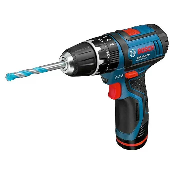 Bosch Professional Taladro atornillador percutor de batería GSB 12V-15 - 12 V, Sin batería, 30 Nm, Sin batería, en caja de cartón. - Taladro atornillador a batería Bosch GSB 10,8-2-LI Professional azul y negro con broca plateada y azul.