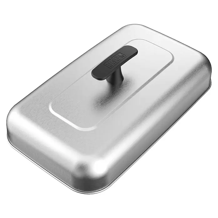 Weber Burgerglocke XL - Edelstahl, L x B x H: 43,5 x 22,5 x 12,5 cm - Rechteckige Smoker-Box aus Edelstahl mit schwarzem Griff und Weber-Logo.