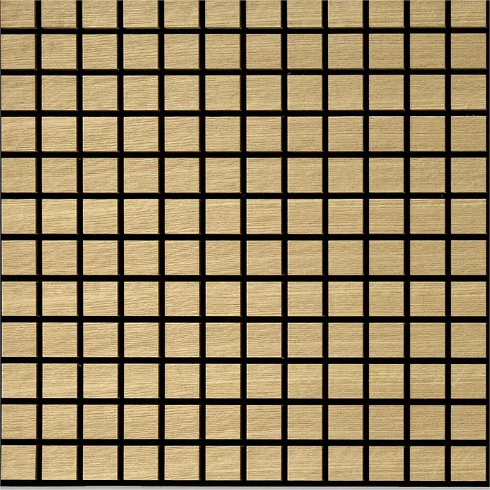 acous Akustikpaneel Blockbuster - Eiche hellbraun, L x B x S: 610 x 610 x 10,3 mm, 4 Stk. - Eine Nahaufnahme einer Holzgitterplatte, die ein regelmäßiges Muster aus hellen Holzquadraten und dunklen Fugenlinien zeigt.